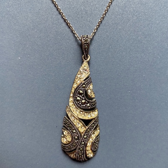 Sterling Silver, Marcasite & Crystal Teardrop Necklace - Picture 6 of 7
